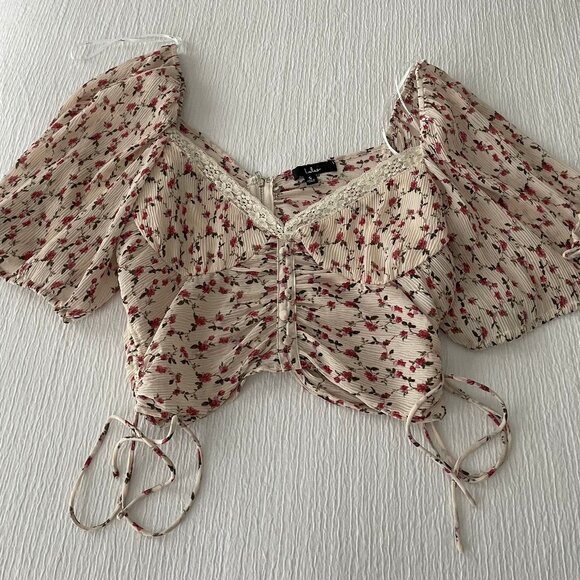 Lulus Beige Pink Floral Print Ruched Drawstring Crop Top - Picture 1 of 3